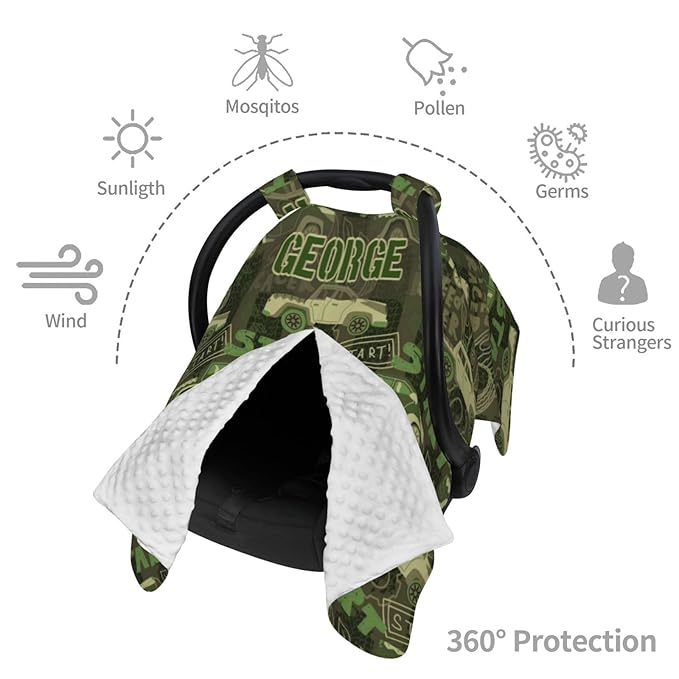 Personalized Baby Car Seat Canopy for Babies with Name, Custom Camo Car Stroller Car Seat Covers for Boys Girls, Minky Nursing Carseat Cover for Breastfeeding, Car Seat Canopies for Infant Newborn