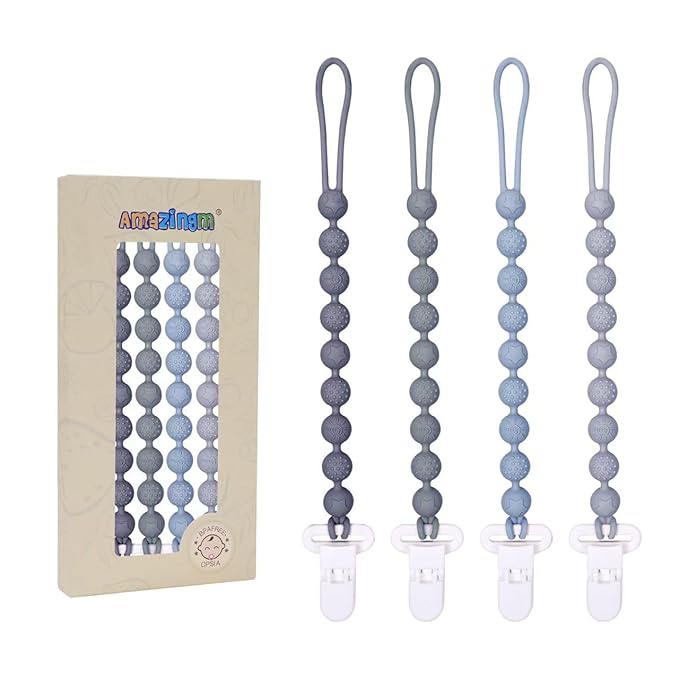 4 Pcs Gray Baby Silicone Teething Pacifier Clip,One-piece Design,Round Shape,Textured Surface,BPA Free.