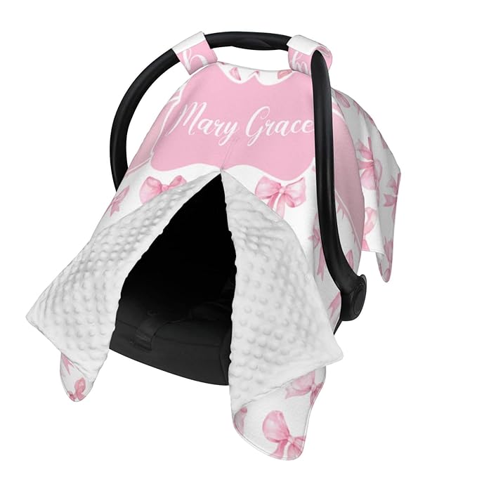 Personalized Baby Girl Car Seat Canopy for Babies, Custom Name Baby Car Seats Cover for Girls, Pink Bow Opening Minky Nursing Breastfeeding Covers for Infant, Carseat Canopies for Newborn