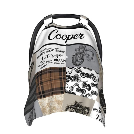 Personalized Baby Car Seat Canopy for Babies, Custom Name Car Seat Covers for Baby Boy, Opening Minky Nursing Breastfeeding Cover for Infant, Carseat Canopies for Newborn (Motorcycle)