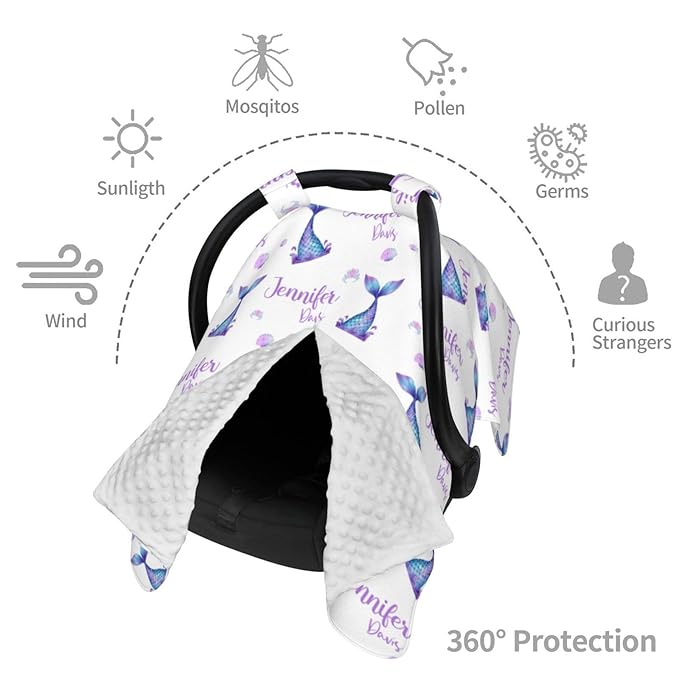 Personalized Baby Car Seat Canopy for Girls, Mermaid, Water Resistant, Universal Fit, Polyester, Car Seat Canopy