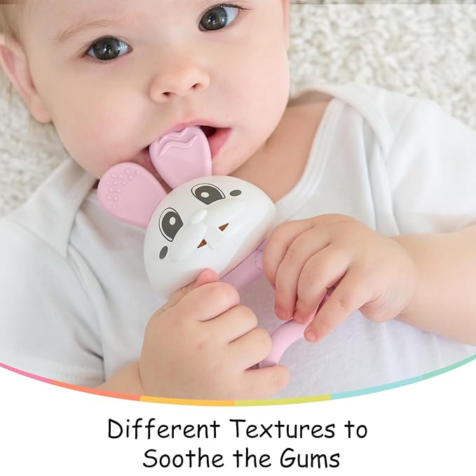 Baby's First Toy with Rattle, Easter Gifts for Babies 3 Months+, Mombella Bunny Baby Teether Toys, Easter Basket Stuffers Baby Teething Toys with Clip to Attach, Baby Chew Toys 6-12 Months, Pink