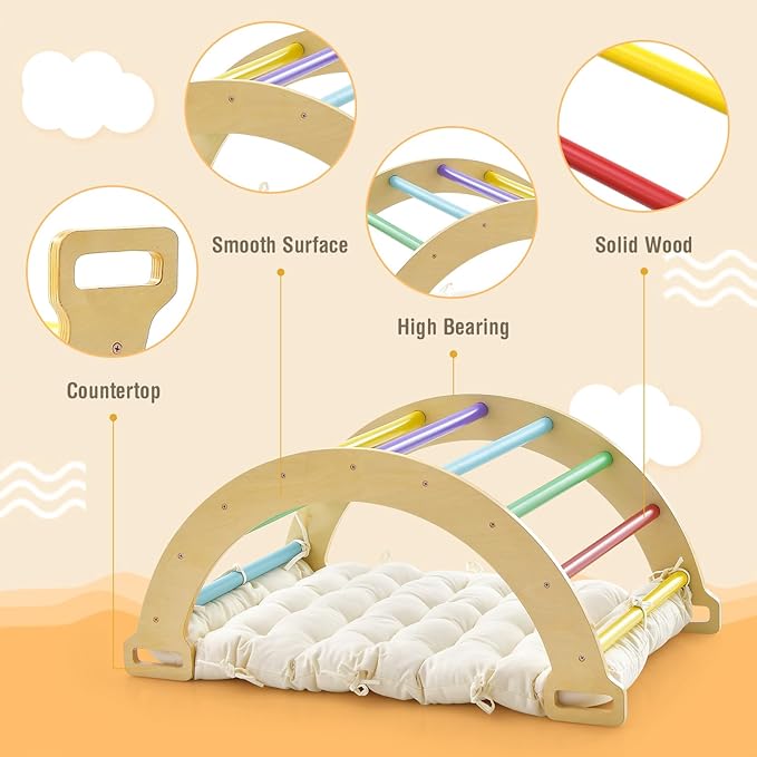 INFANS Wooden Arch Climber Rocker with Soft Cushion, 4 in 1 Montessori Climbing Ladder Toys for Toddlers, Waldorf Indoor Baby Children Ladder Gym Learning Playset Gift for Kids Boys Girls