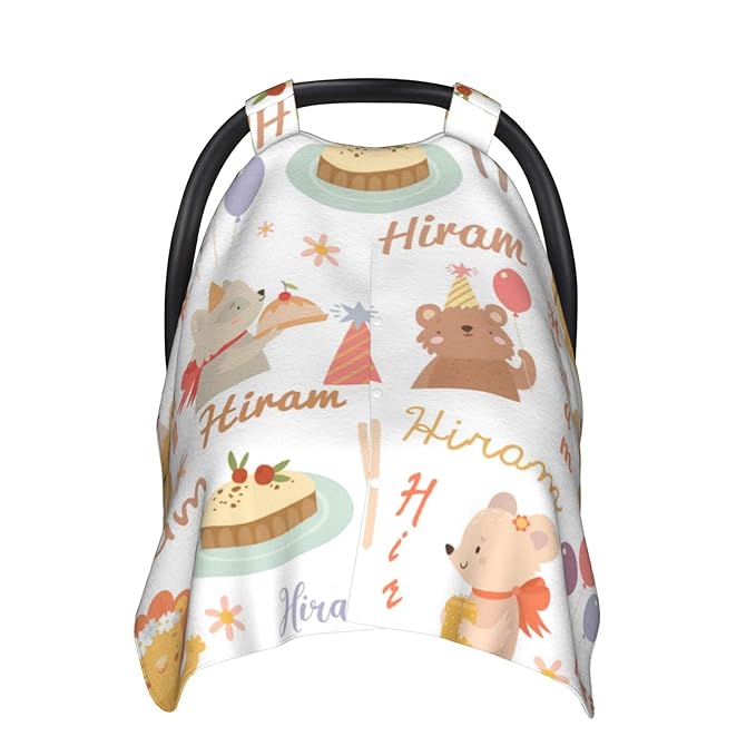 Personalized Baby Car Seat Cover with Name, Customized Cute Animal Peekaboo Opening Car Seat Canopy for Baby Girls Boys, Nursing Covers Breastfeeding Scarf, Stroller Canopies for Newborn Infant