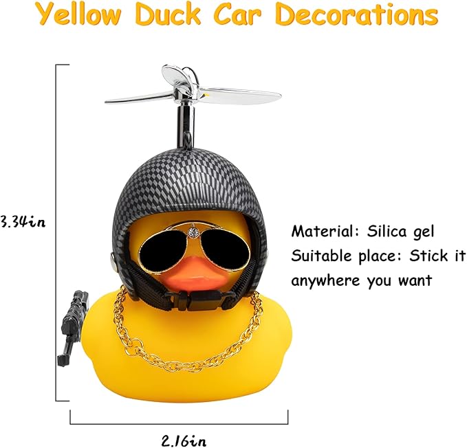 wonuu Rubber Duck Car Ornaments Cool Yellow Duck Car Dashboard Decorations Squeaky Glasses Duck with Propeller Helmet for Car ccessories Dashboard (Y-Black and White Grid)