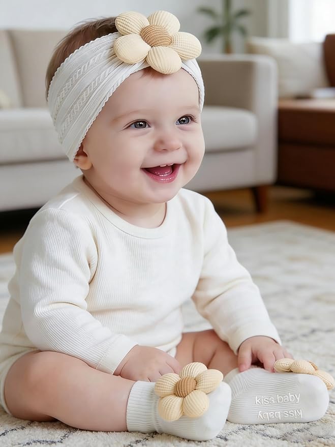 WillingTee Baby Girl Headband and Socks, Non-Slip Floral Socks and Soft Floral Nylon Hairbands for Babies Infants and Toddlers