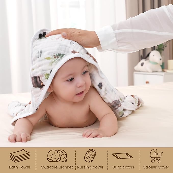 david's kids 2 Pack Hooded Baby Towels, 100% Muslin Cotton 6-Layer Ultra Soft Breathable Absorbent Baby Bath Towels for Infant and Toddler, Newborn Essentials, Large 32x32Inch, Woodland Animals