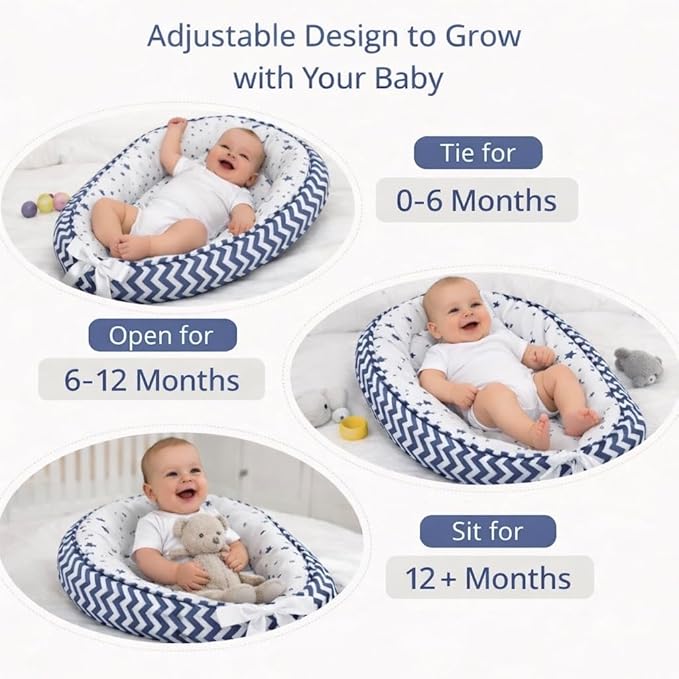 Aila+Aiden Baby Lounger | Organic Cotton Infant Lounger| Reversible, Adjustable & Portable Floor Lounger |Supervised Use | Soft, Breathable, Washable Cover - Star Collection (Blue)
