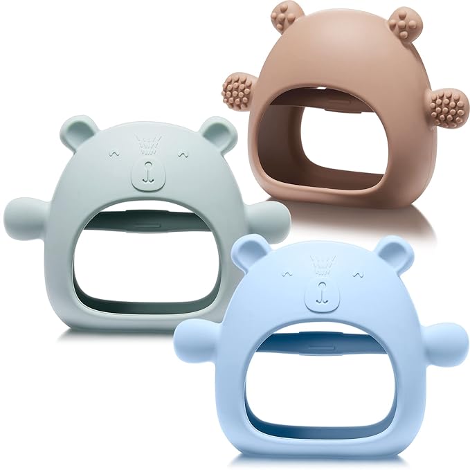 Chumia 3 Pack Teething Toys for Babies 0-6 Months Silicone Hand Teethers Baby Anti Dropping Hand Pacifiers Infant Chew Toys for Sucking Needs(Blue, Caramel, Green)
