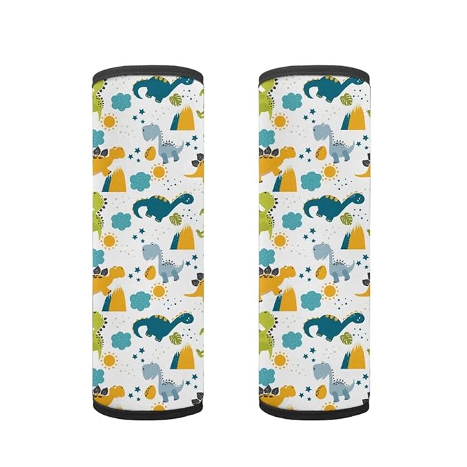 ENLACHIC Kids Car Seat Belt Cover, Cute Cartoon Animal Print Baby Car Seat Strap Pads Infant Car Seat Protector Car Accessories Universal All Cars,Cartoon Dinosaur