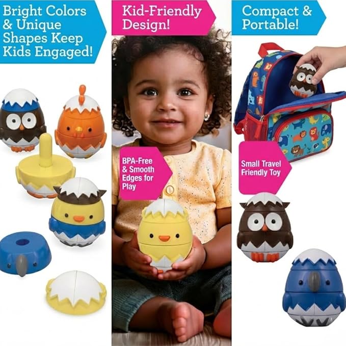 Egg Stacking & Sorting Animal Toys, Mix & Match Hatching Nesting Dolls (4 Farm Friends)- Fine Motor Skill Shape Sorters, Preschool Color Building Game Puzzle- Baby, Toddlers or Kids Montessori Gift
