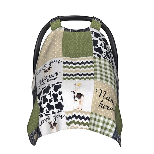 Personalized Cow Plaid Baby Infant Car Seats Canopy for Babies with Name, Custom Multi-use Blankets for Baby Boys Girls, Peekaboo Minky Nursing Breastfeeding Stroller Cover Canopies for Newborn