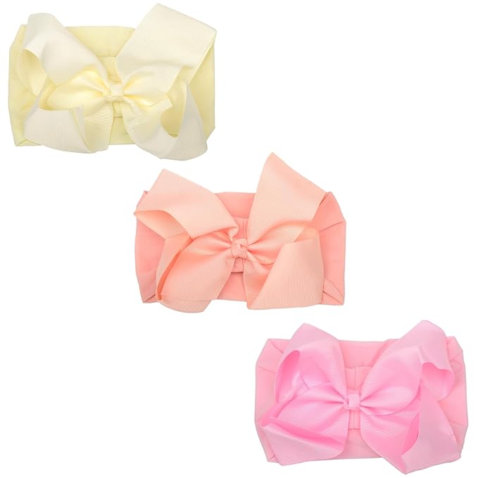 3 Pcs Baby Girls Headband Bows, Soft Nylon Hairbands Cute Big Bow Super Elastic Headband For Baby Girls Newborn Infant Toddlers (Beige Blush Light Pink, Large)