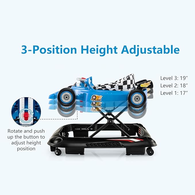 INFANS Foldable Baby Walker, 3 in 1 Toddler Activity Center Leaning-Seated Walk-Behind with Steering Wheel, Adjustable Height, Lights, Music, Washable Seat Cushion (Blue)