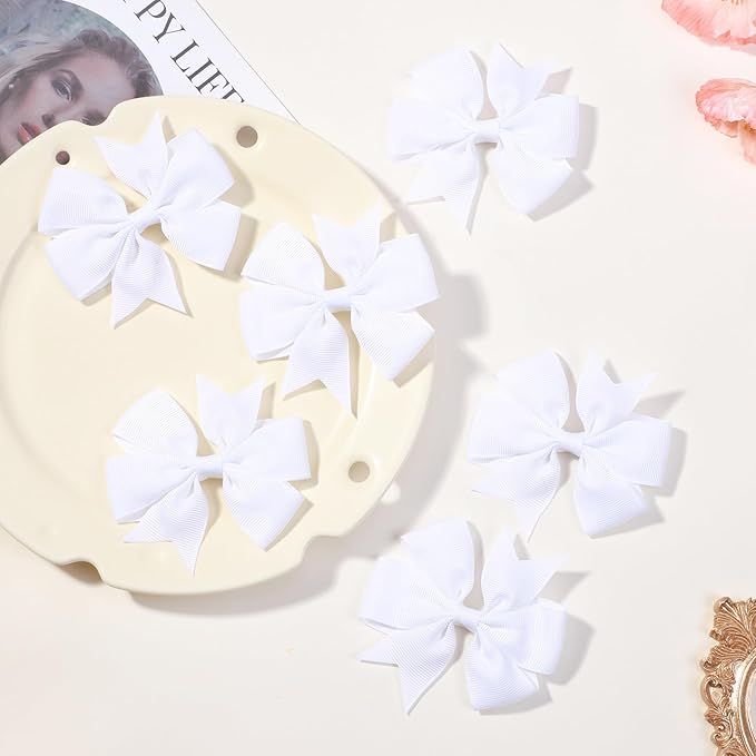 Choicbaby 3 Inches Hair Bows for Girls White Grosgrain Ribbon Pinwheel Hair Bows Clips Toddler Hair Clips for Birthday Baby Shower Gifts 6 Pack Photo Props