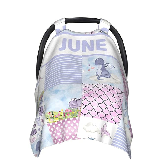 Personalized Baby Car Seat Canopy for Babies with Name, Custom Car Seat Covers for Girls, Flying Dragon Purple Nursing Breastfeeding Stroller Cover Infant Carseat Canopies for Newborn