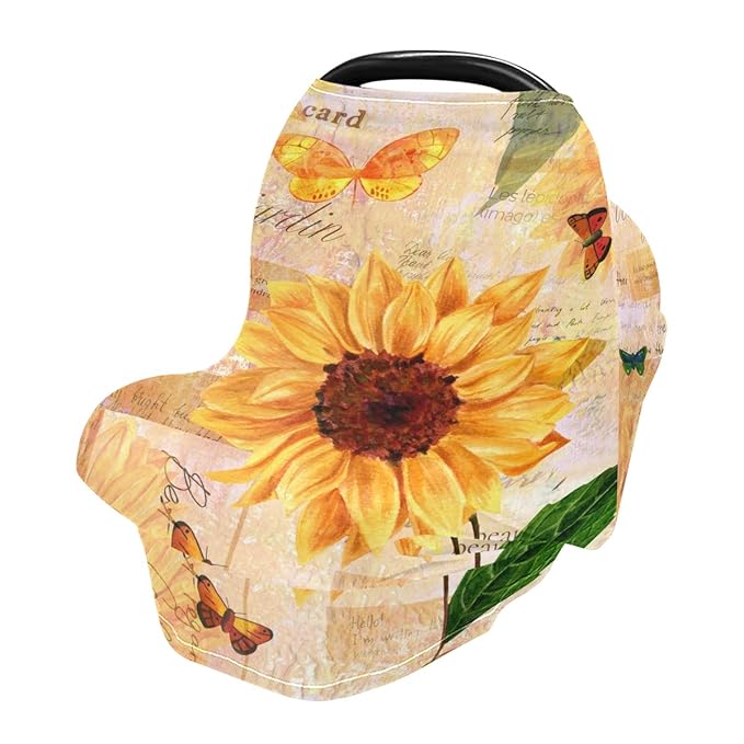 Vintage Yellow Sunflower and Butterfly Baby Car Seat Covers, Nursing Cover Breastfeeding Scarf Soft Breathable Stretchy Coverage, Infant Stroller Cover for Boys Girls