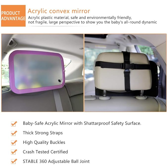 Baby Mirror for Car - Safety Car Seat Mirror for Rear Facing Infant with Wide Crystal Clear View - Adjustable Acrylic 360°for Backseat - Safe, Secure and Shatterproof (Purple)