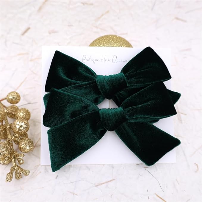 Vintage Velvet Bow Hair Clips for Baby Girl Kids Women Fall Velvet Christmas Hair Bows Barrettes Accessories (2 pcs 001 Green)