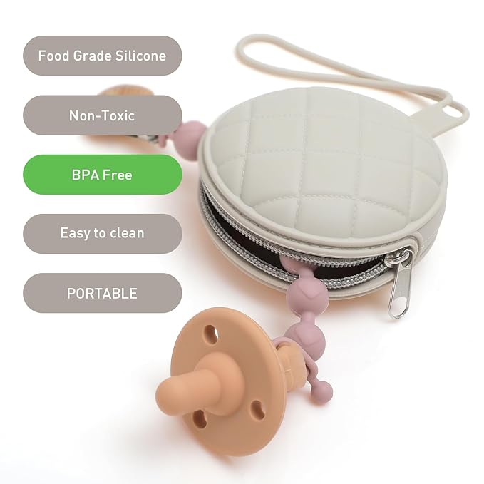 Pacifier Holder Case, Soft Silicone Portable Pacifier Clip and Accessory Pouch for Newborn Baby, BPA Free (Power Rose + Dusty Lilac)