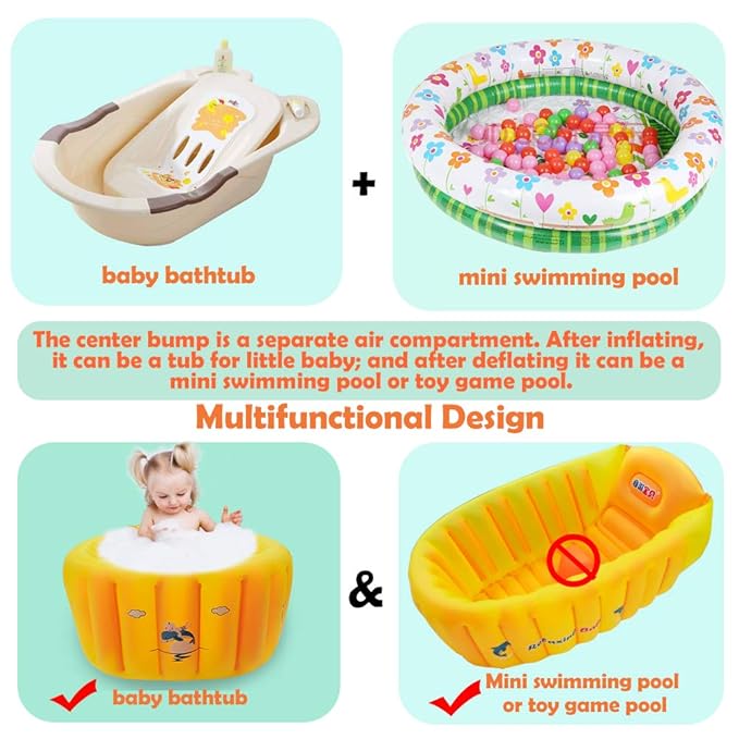 | Inflatable Baby Bathtub,Newborn Bathtub Seat for Infant,Non-Slip Baby Pool for Sitting up,Foldable Toddler Tub Shower,Portable Travel Bath for Kids 0-6 Year (Orange, Animal Print)