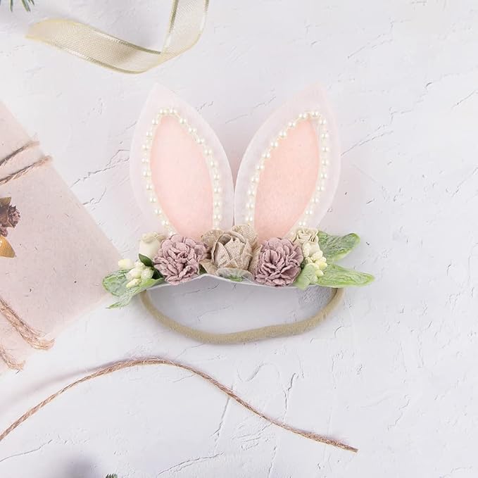 KIDOCHEESE Bunny Headband Bunny Rose Ears Easter Elastic Hairband Baby Girls Flower Crown Spring Floral Headbands (E)