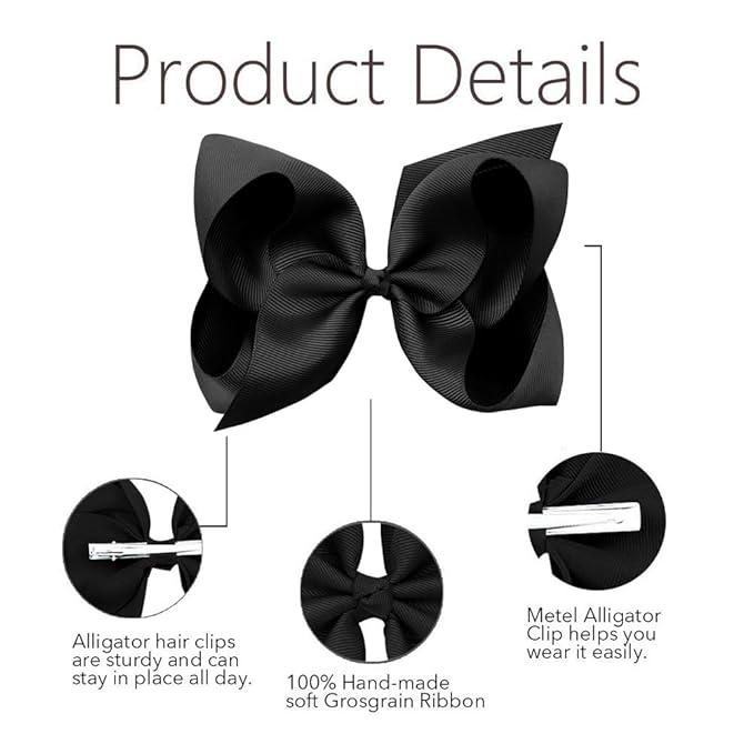 Oaoleer Big Hair Bows for Girls 12 PCS 6" Black Grosgrain Ribbon Large Boutique Bow Alligator Clips Hair Accessories for Toddlers Little Girls Kids