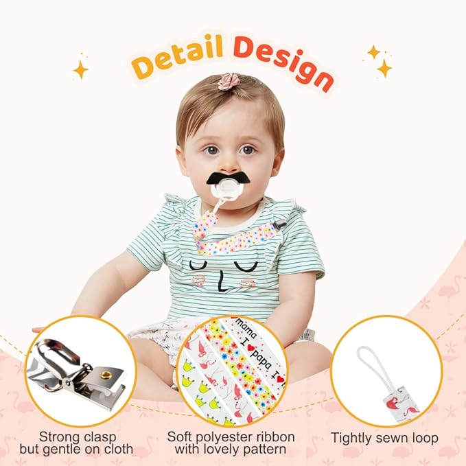 Pacifier Clip for Baby Boys Girls, 4 Pack Pacifier Holder Boho Pattern Leash Pacifier Strap with Clip Unisex Baby Shower Birthday Christmas Gift (Flamingo)