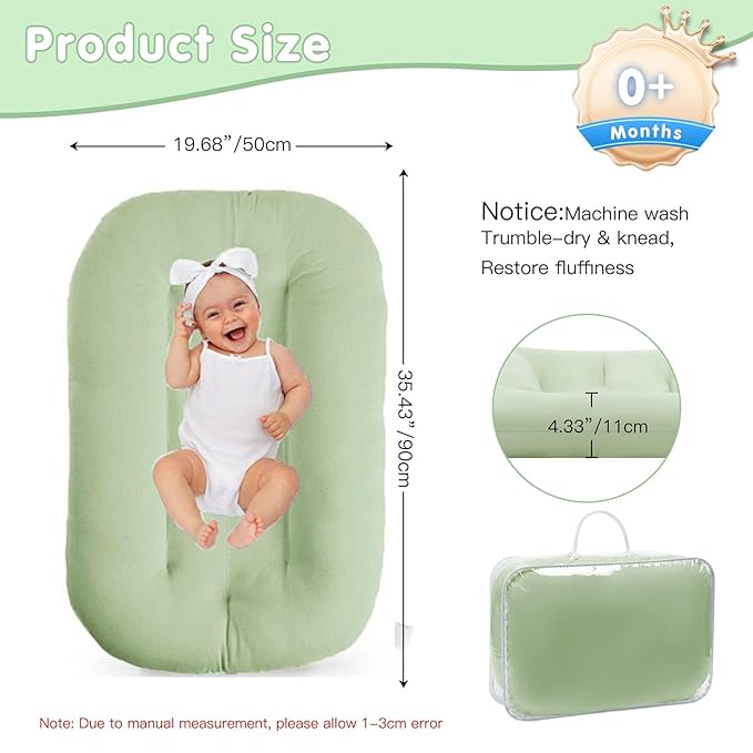 Baby Lounger 0-18 Months, Baby Lounger for Newborn, Soft Organic Cotton Breathable Lounger for Infants (Green Baby Lounger)