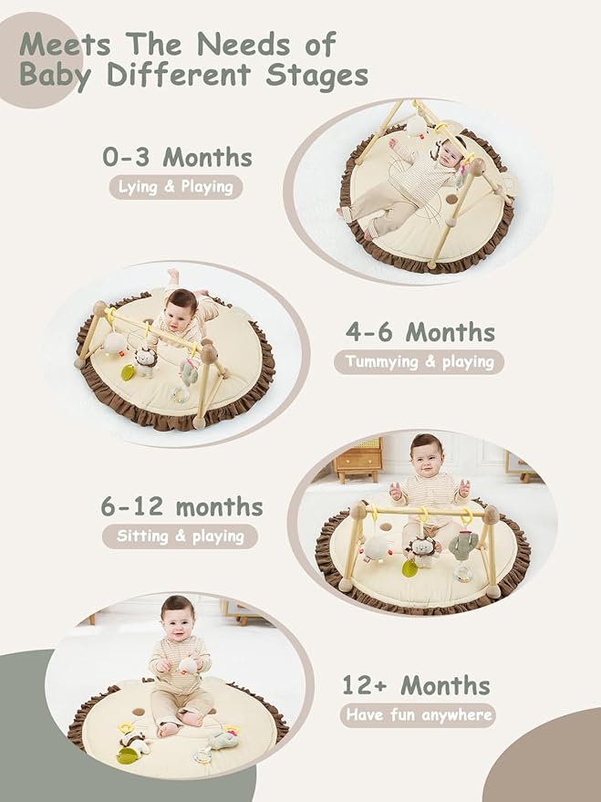 4-in-1 Wooden Baby Play Gym & Activity Mat, Soft Cotton Tummy Time Mat for Babies 0+,with 3 Detachable Toys for Sensory & Motor Skill Development,Newborn Infant Baby Essentials Gift,Light Brown-Lion