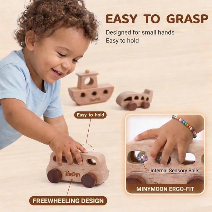Wooden Toys for 1 Year Old – Montessori Baby Toy Set with Bus, Airplane & Boat – Minimalist Nursery Decor & Teething Safe Infant Toys for Boys and Girls – 3 Piece Ergo-Fit Set