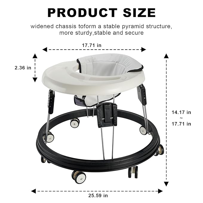 Adjustable Baby Walkers for Baby with Easy Clean Tray, Universal Wheeled Walker, Anti-Rollover Folding Walker for Girls Boys 6-18Months Toddler (White)