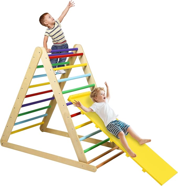 HONEY JOY Triangle Climber with Ramp, 2-in-1 Indoor Toddler Climbing Triangle Set with Ladder & Slide, Foldable Wooden Kids Climbing Toys for Playground, Gym & Daycare, Gift for Boys Girls (Colorful)