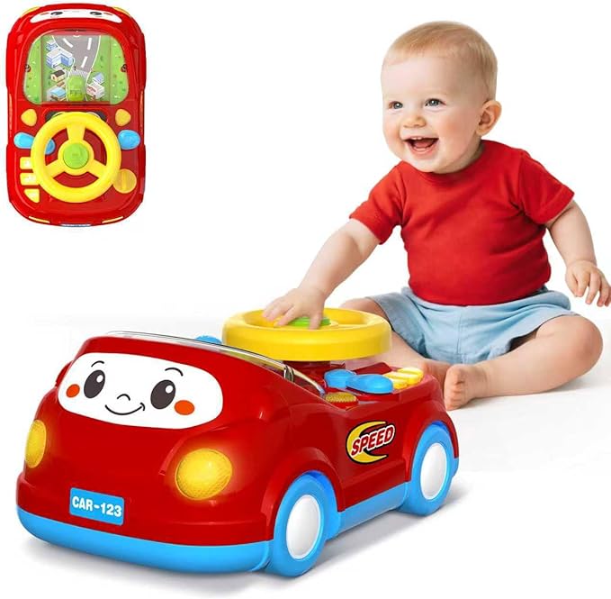Toys for 1 Year Old Boy Gifts - 2-in-1 Toddler Push Car & Musical Racing Adventure Steering Wheel Driving Game, Interactive Simulated Driving Car for Baby 12-18 Months, Birthday Gift Ages 1-2,Dark Red