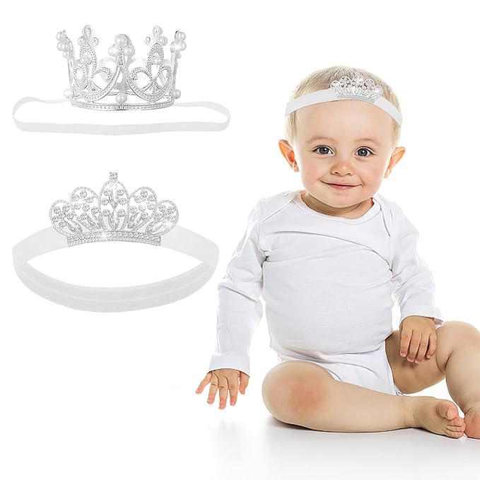 Abeillo 2 Pieces Baby Crown Baby Crystal Princess Tiaras Newborn Photography Props Children Headband Infant Elastic Hair Band Crown for Baby Girl Birthday Party (Silver)