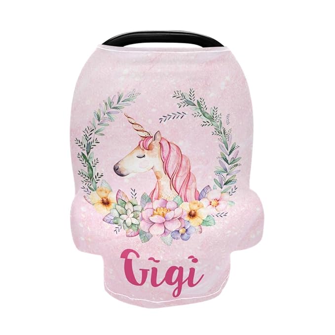 Personalized Baby Car Seat Cover for Babies, Custom Name Baby Car Seats Canopy for Girls, Nursing Breastfeeding Stroller Covers for Infant Newborn, Shower Gift for Baby (Unicorn Pink)