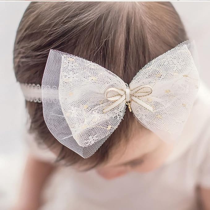 Baby Girls Lace Bow Headband Cute Chiffon Bow-Knot Toddler Hairband Elastic Soft Lace Infants Birthday Party Hair Accessories (White-3, One size)