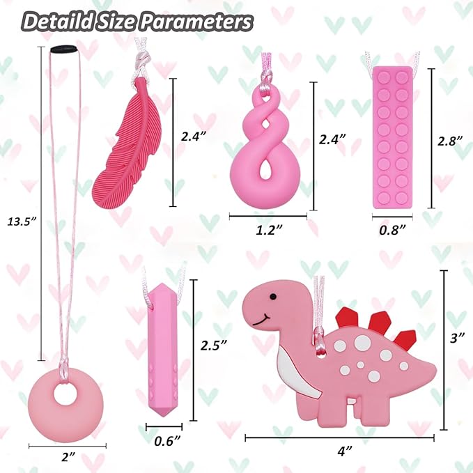 Chew Necklace for Sensory Kids Girls, 6 Pack Chewy Necklace Sensory Chew Toys for Autistic Children or Adults with ADHD, SPD, Anxiety, Silicone Pink Dinosaur Stim Toy - BPA Free