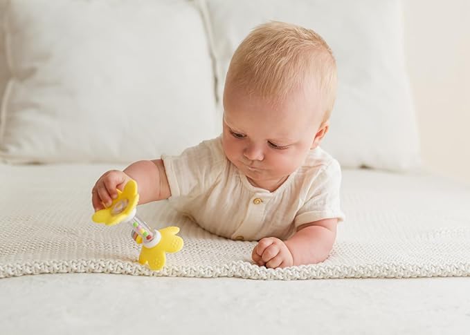 Standing Flower Silicone Baby Rattle Teether – 5 Textured Petals for Gum Relief | Colorful Bead Rattle | Easy-Grip Handle | BPA-Free, Phthalate-Free | Sensory Toy 3-36 Months