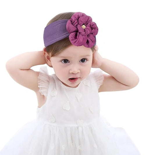 Soft Nylon Headband for Baby Girls | Big Flower Hair Bow | No-Slip Infant Headband for Photography, Baptism & Newborn Photos Purple