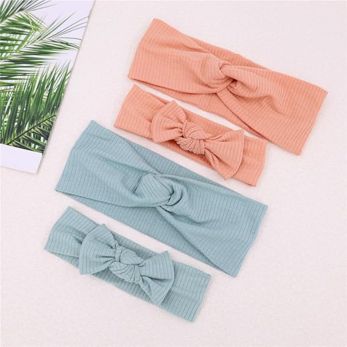 Sugarmelon Mommy and Me Headband Set Mother Baby Matching Turban Headbands for Toddler Baby Girls Women Scrunchies Hair Bow Hairbands (Peach/Celadon)