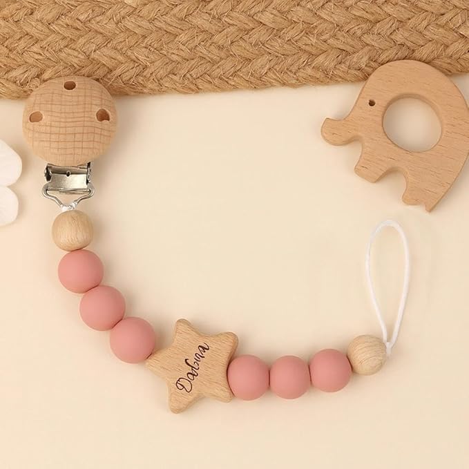 Personalized Pacifier Clip with Name, Wooden Star Baby Pacifier Holder Gift for Boys Girls Boho Style