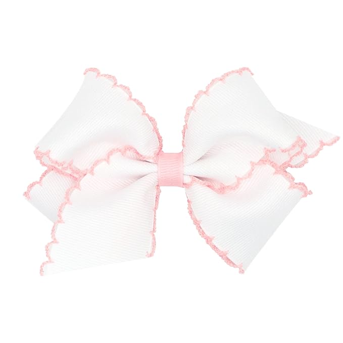Wee Ones Girls' Classic Grosgrain Moonstitch Edge Hair Bow, No-Slip Hair Clip, Handmade, White with Light Pink, Small