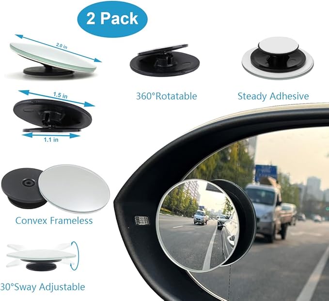 Universal 11.4 Inch Clip On Rearview Mirror - Anti Glare, Wide Angle - Convex - Blue Tint (Bonus 2 PCS Blind Spot Mirrors)