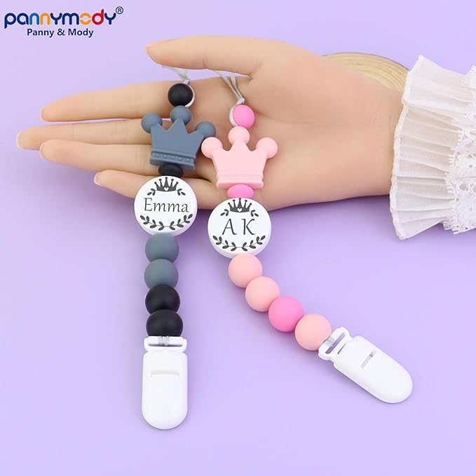 Custom Baby Pacifier Holder Clip with Name, Personalized Name Pacifier Clip for Boys and Girls Fits for Most Pacifiers (Grey)