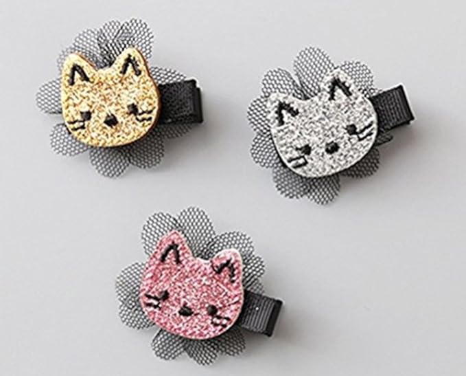 FANCYBABY Cat Design Hair Clips (3 Count) - Girls & Toddlers (Pink, Gold, Silver) - 3pcs Snap Clips - Cat Lovers - Party & Occasion