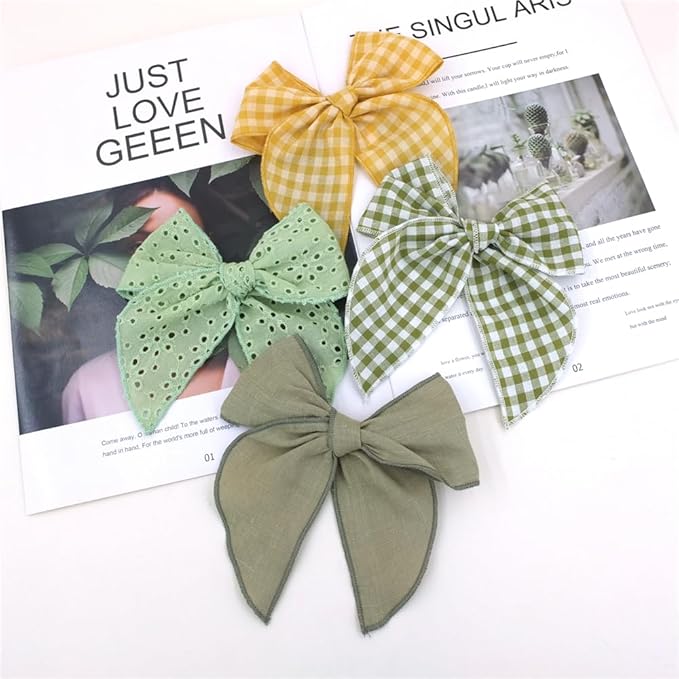 Pack of 4 Gorgeous Fable Bow Hair Clips for Girls Women Linen Hair Bow Alligator Clips Toddler Baby Mom Young Girl Hair Accessories (Olive)
