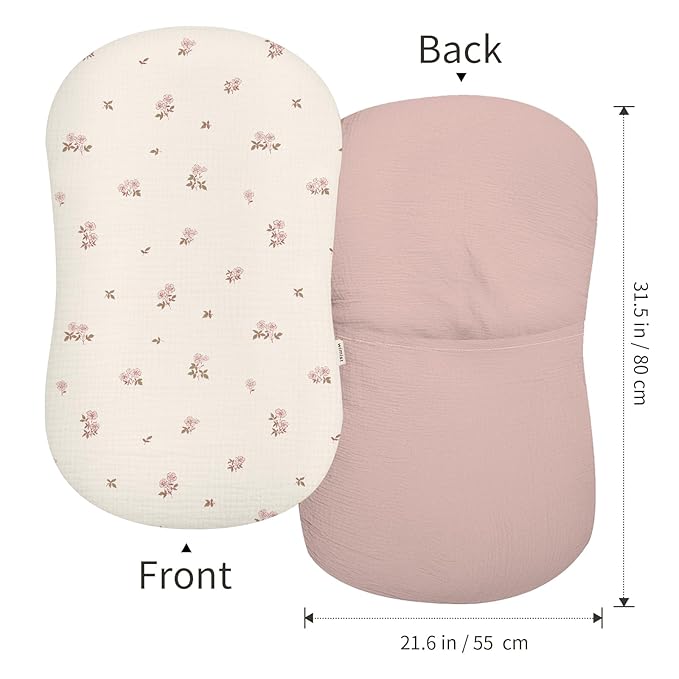 Muslin Baby Lounger Cover 2 Pack, Soft Breathable Newborn Lounger Pillow Cover for Boys Girls Infant (Flower G & Pink)