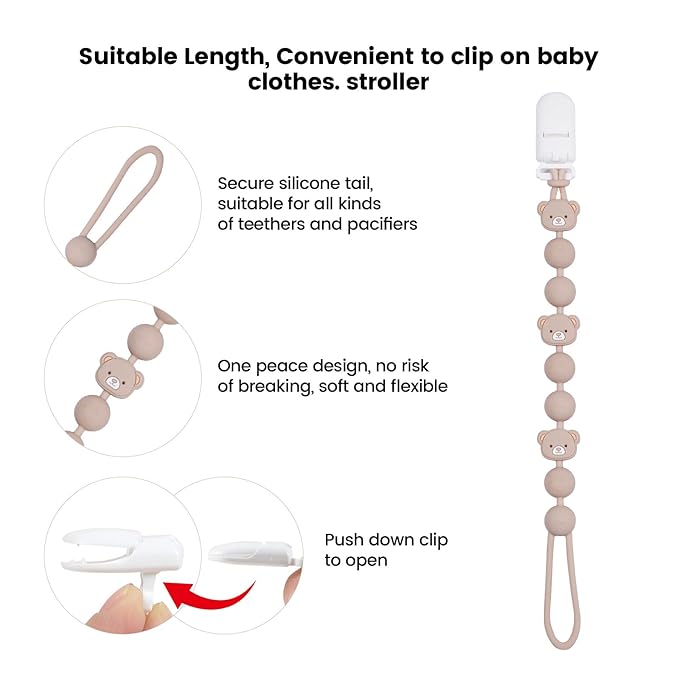 Cute Animal Baby Food Grade Silicone Teether Toy with One Piece Design Pacifier Clip Holder,Teething Pain Relief Toys Gift Set for 3 Months+ Boys and Girls,Freezer Safe,BPA Free (Bear)