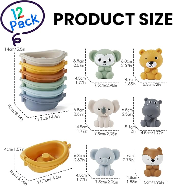 Baby Bath Toy Stackable Infant Bathtub Toys Stacking Floating Boat Train with Animal Finger Puppets Bath Toy Silicone Hand Puppet Educational Beach Toys for Babies Toddlers Party Favors